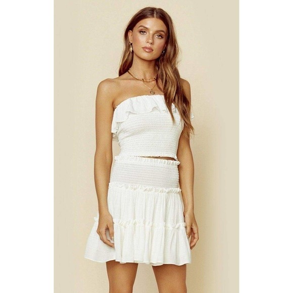 NEW Blue Life Patti Tube Top Apricot Pink Striped Ruffle Smocked - Picture 3 of 8